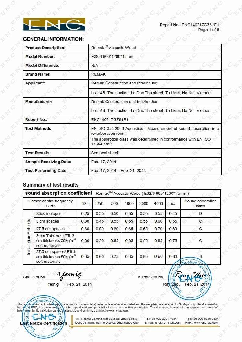 Chứng nhận chất lượng và khả năng tiêu âm, hấp thụ âm thanh của gỗ tiêu âm Remak Hole