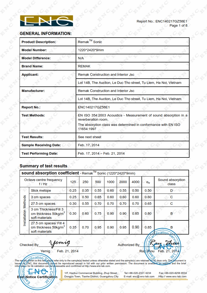Chứng nhận chất lượng và kiểm nghiệm tiêu âm của tấm Remak™ Sonic