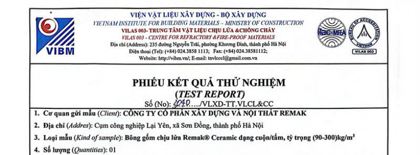 Phiếu Kết Quả Thử Nghiệm Bông Gốm Chịu Lửa Remak® Ceramic