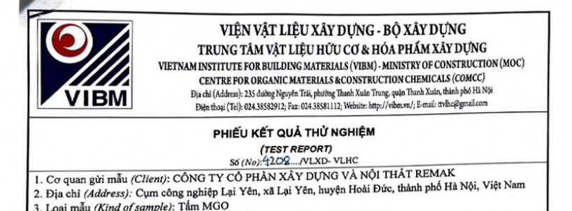 Phiếu Kết Quả Thử Nghiệm Tấm Chống Cháy MGO